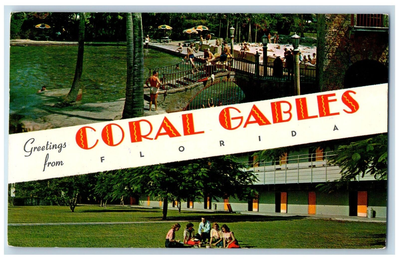 c1950's Greetings From Coral Gables Bathing view Florida Correspondence Postcard