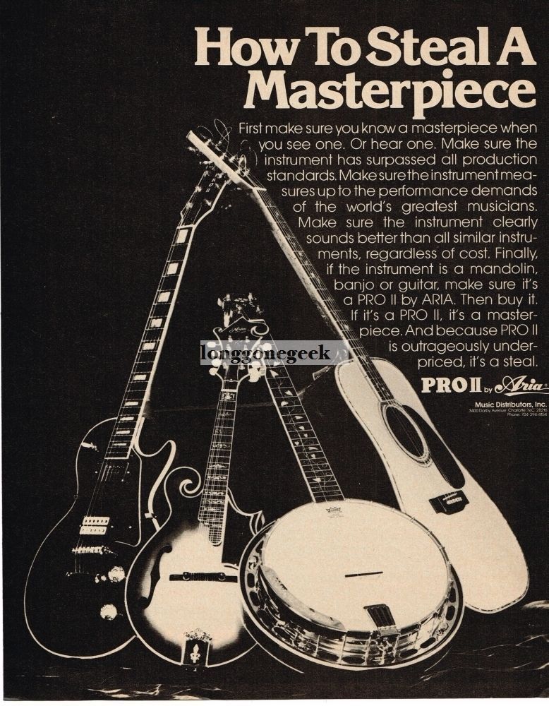 1976 ARIA PRO II Electric, Acoustic Guitar Mandolin Banjo Vintage Print Ad 