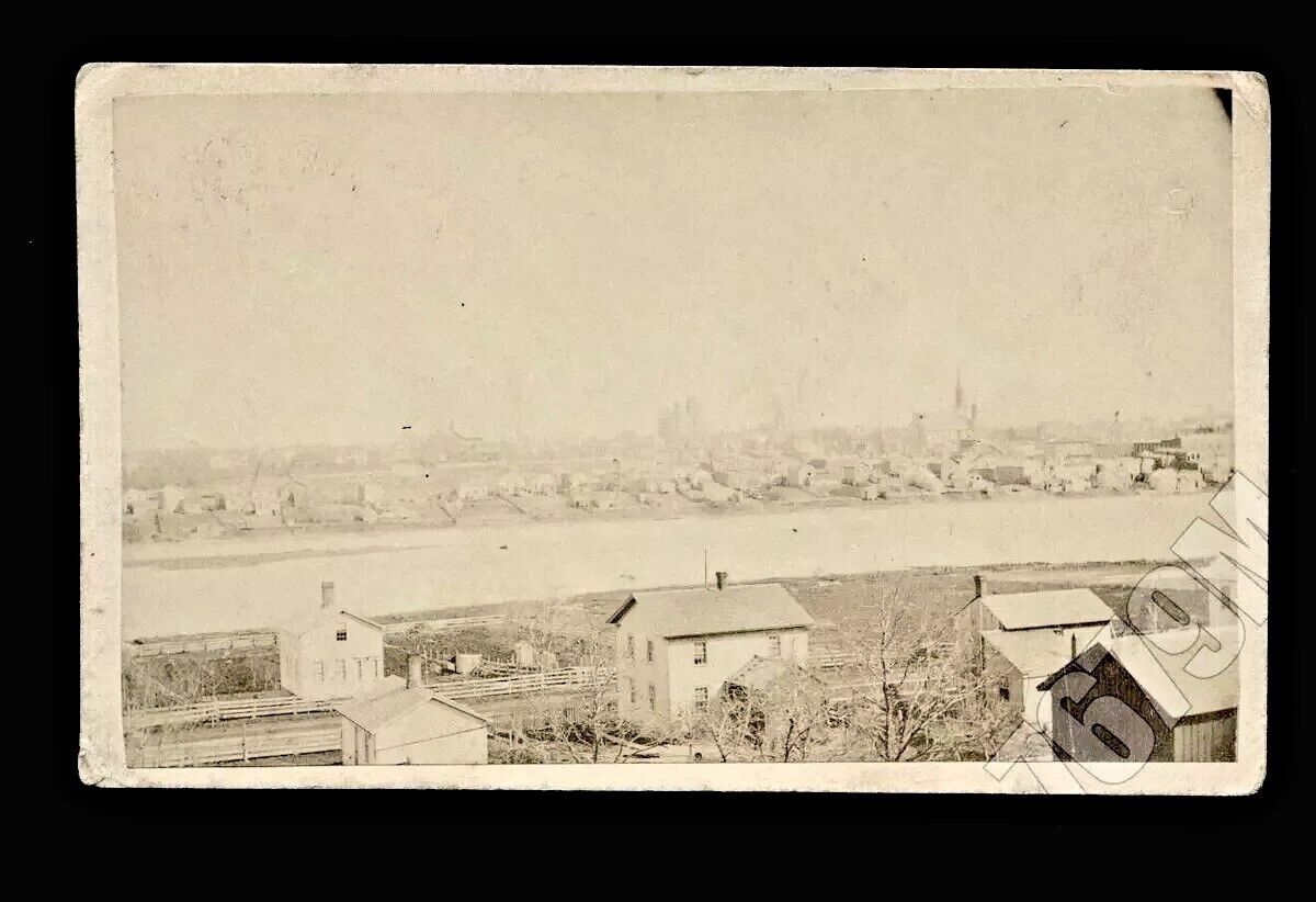 1860s CDV Photo Birds Eye View of Aurora Illinois & Fox River Outdoor Landscape