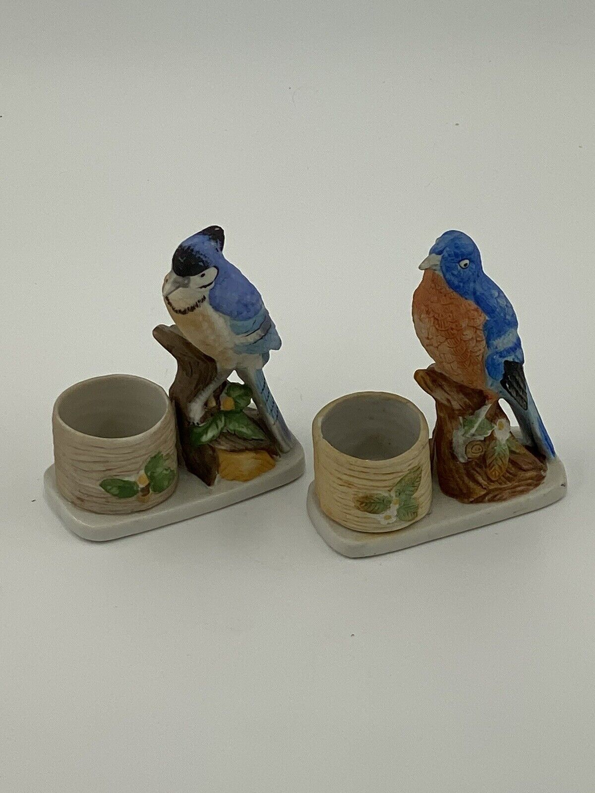 2 Jasco Ceramic Bisque Porcelain Bluebird Blue Jays Figurine Candle Holders