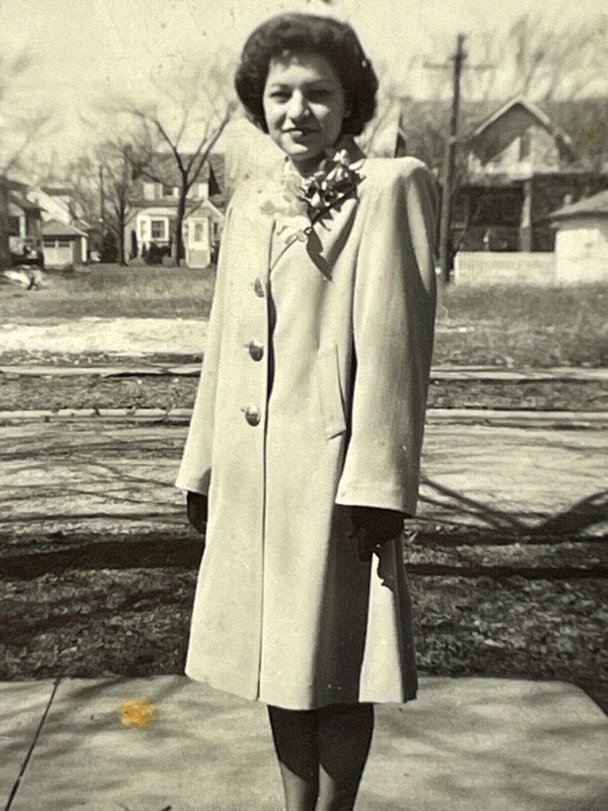 VE Photograph Pretty Woman Overcoat Flower Corsage 1940's Portrait 