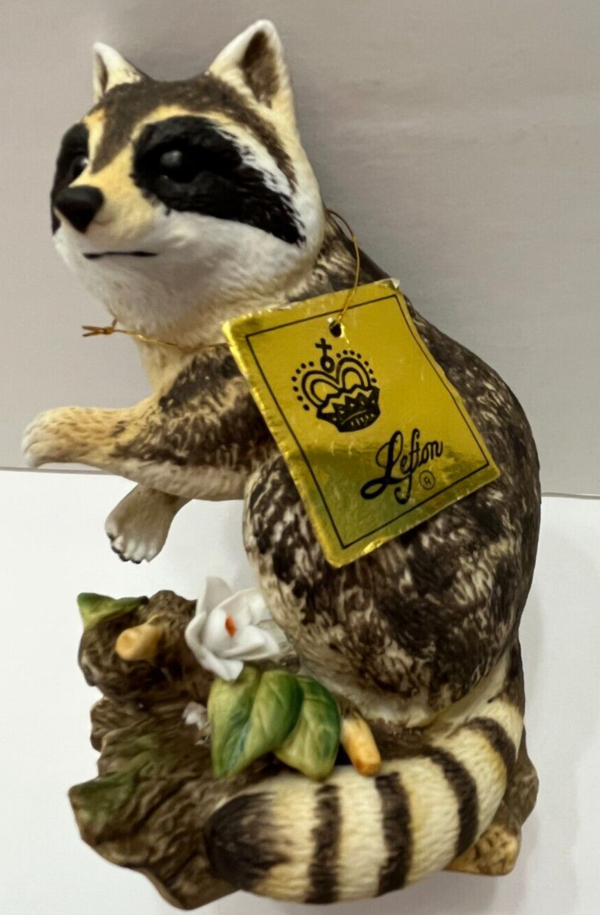 Lefton China Racoon Animal Figurine Bisque 1839 Hand Painted Flower Leaf Floral