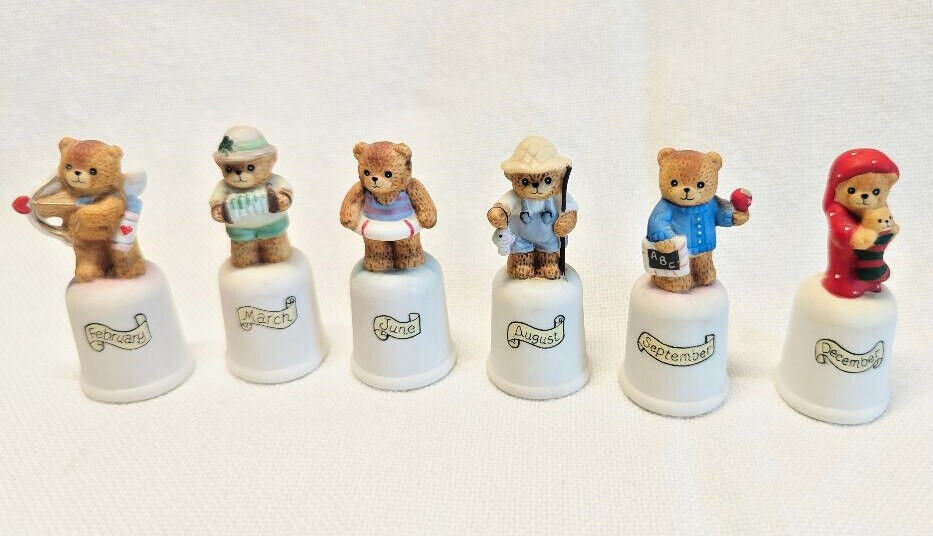 Set of Six Enesco Lucy & Me Bear Figurine Birthday Month Thimbles Lucy Rigg 1986