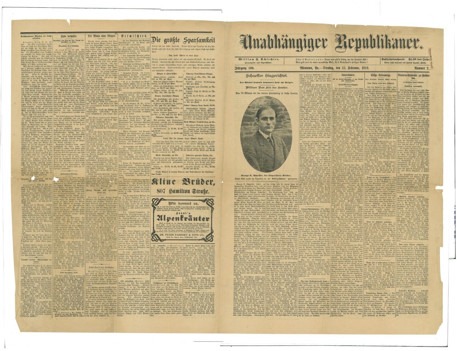 Allentown Lehigh PA German Newspaper 1910.