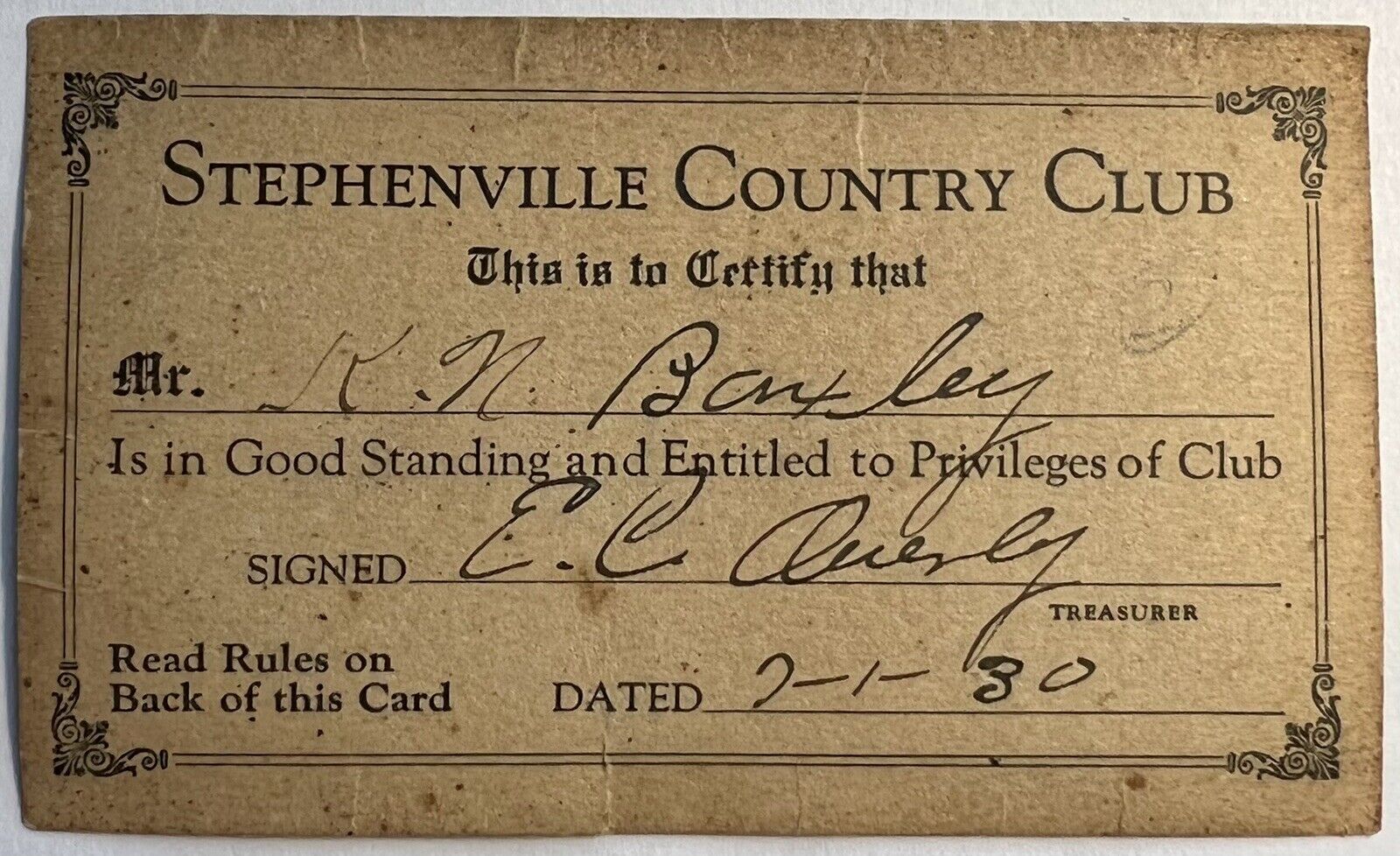 Stephenville Country Club 1930 Membership Card Texas TX Damaged Antique Member