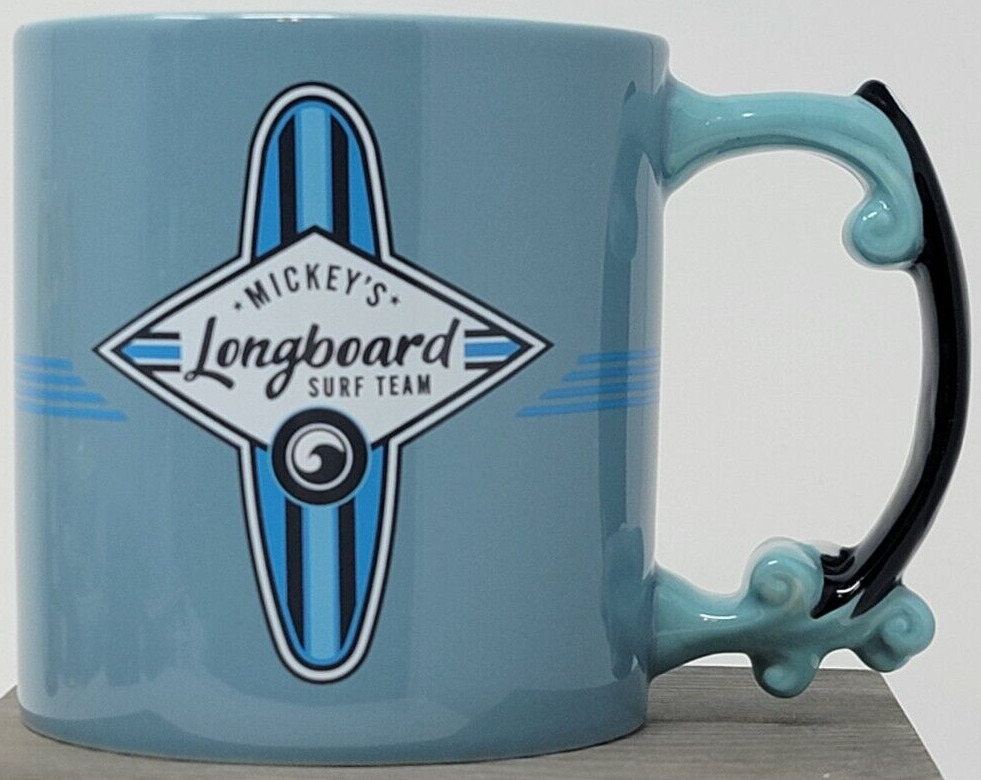 Disney Mickey\'s Longboard Surf Team Blue Mug Cup Coffee Cocoa Surfboard Handle