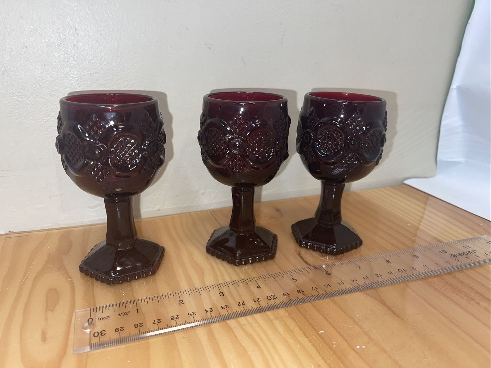 3 Vintage Avon 1876 Cape Small Wine Goblet Glass Chalice Ruby Red Glasses 4 1/2”