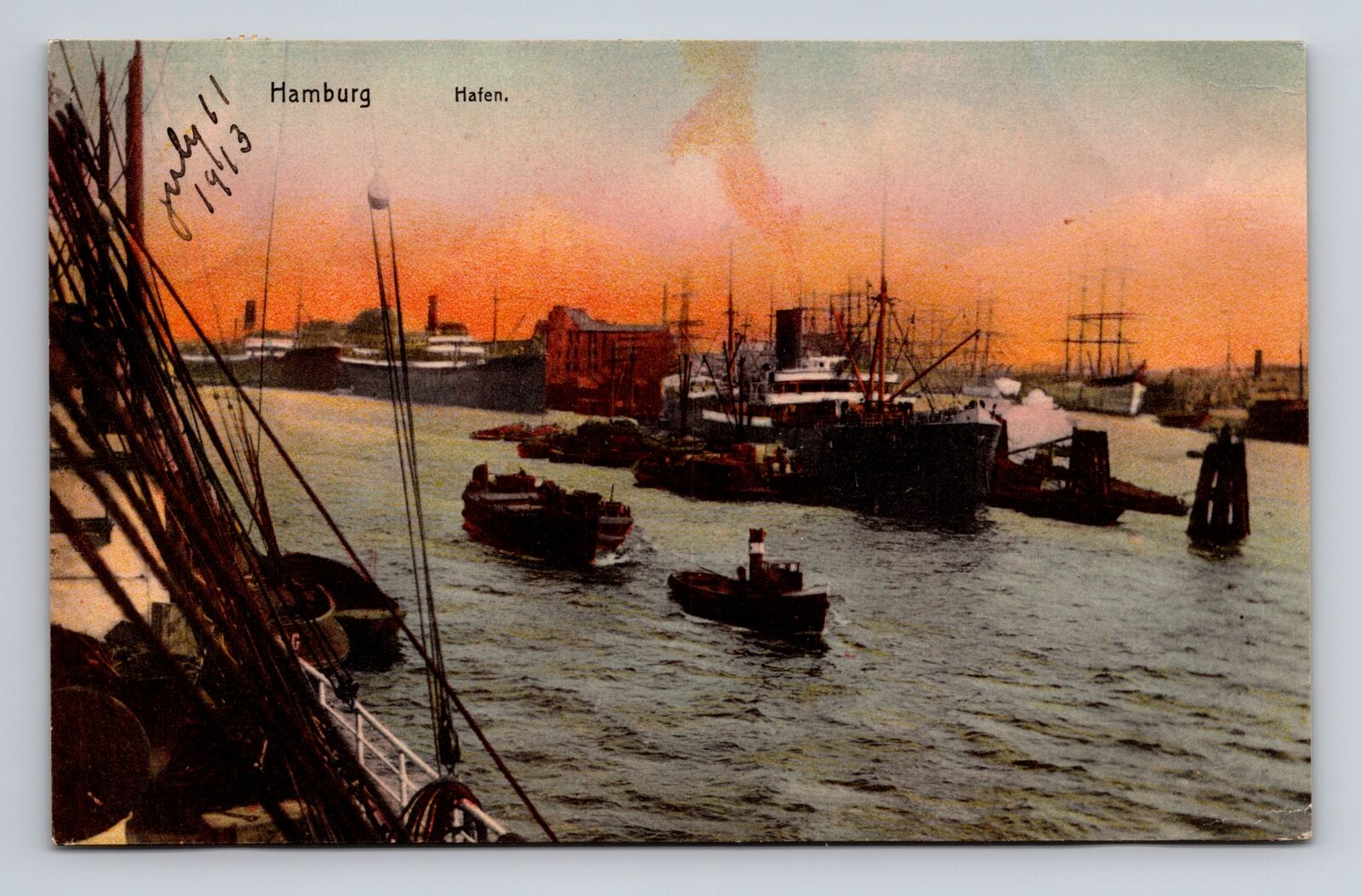 c1913 Postcard Hamburg Hamberg Hafen Hamburg Port Boats Port Tug Boat