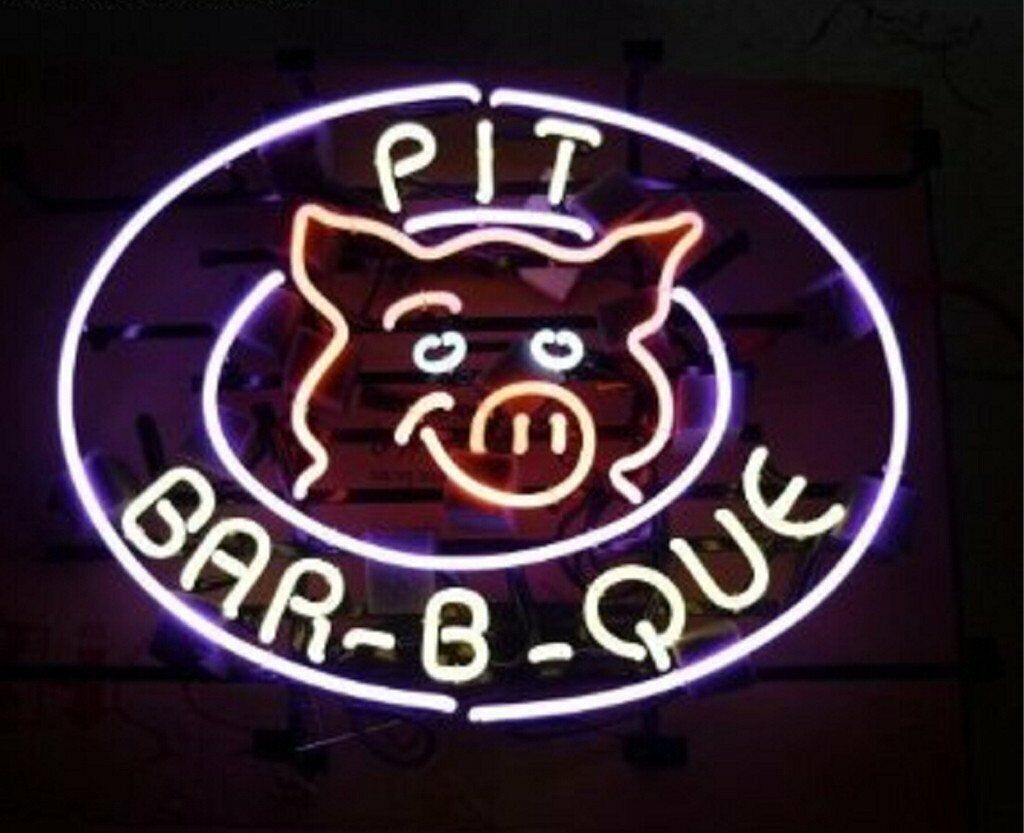 BBQ Grill Smoke Pig Open Neon Light Sign Lamp Wall Decor Bar Beer Artwork 20x16