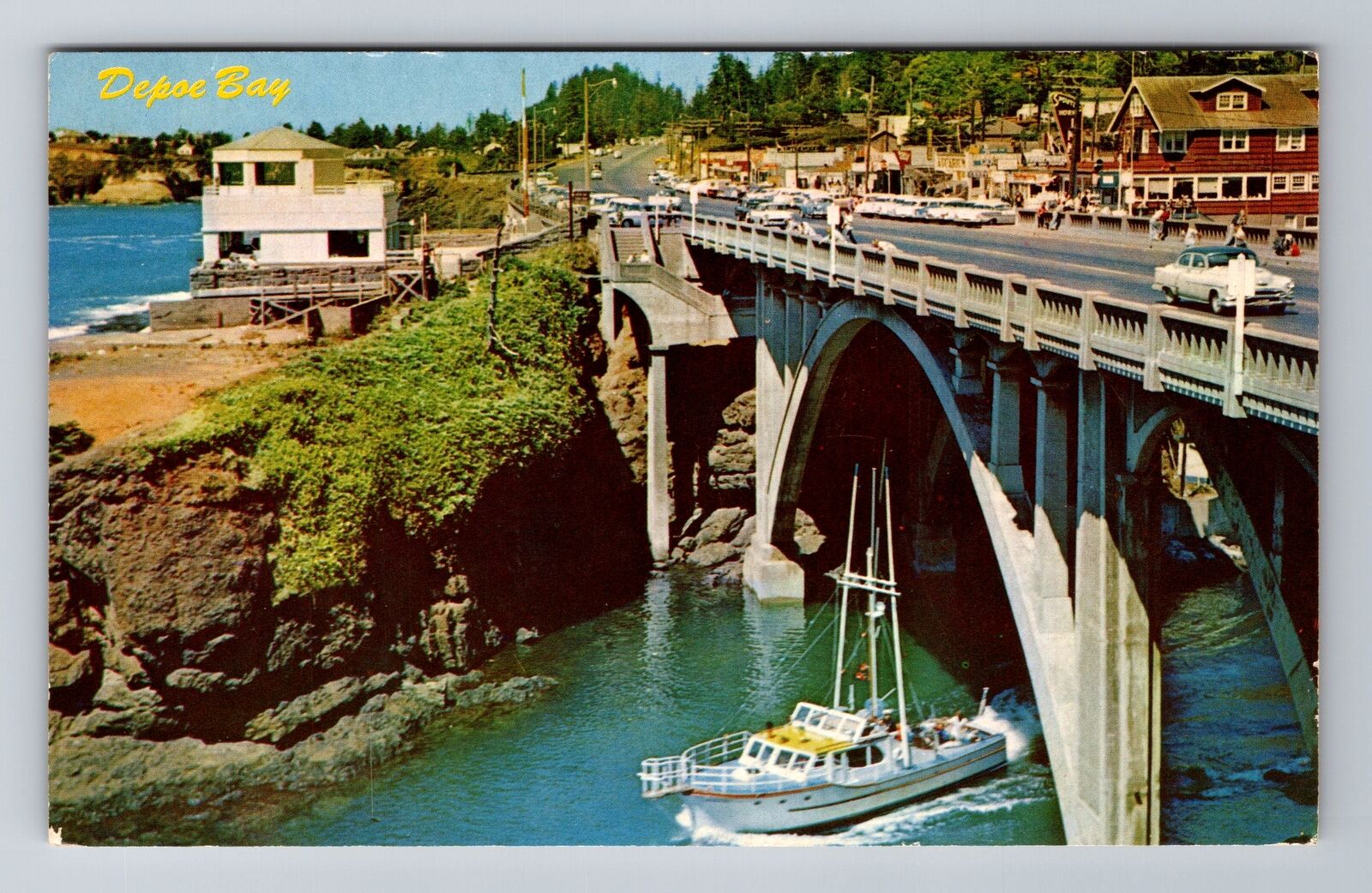 Depoe Bay OR-Oregon, Charter Boats, Bridge, Vintage Souvenir Postcard