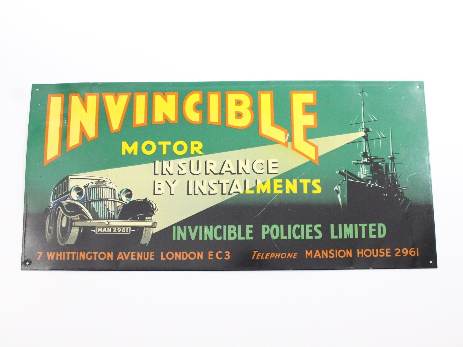 Invincible Motor Insurance Original Vintage Tin Metal Sign 20” Nice Graphics