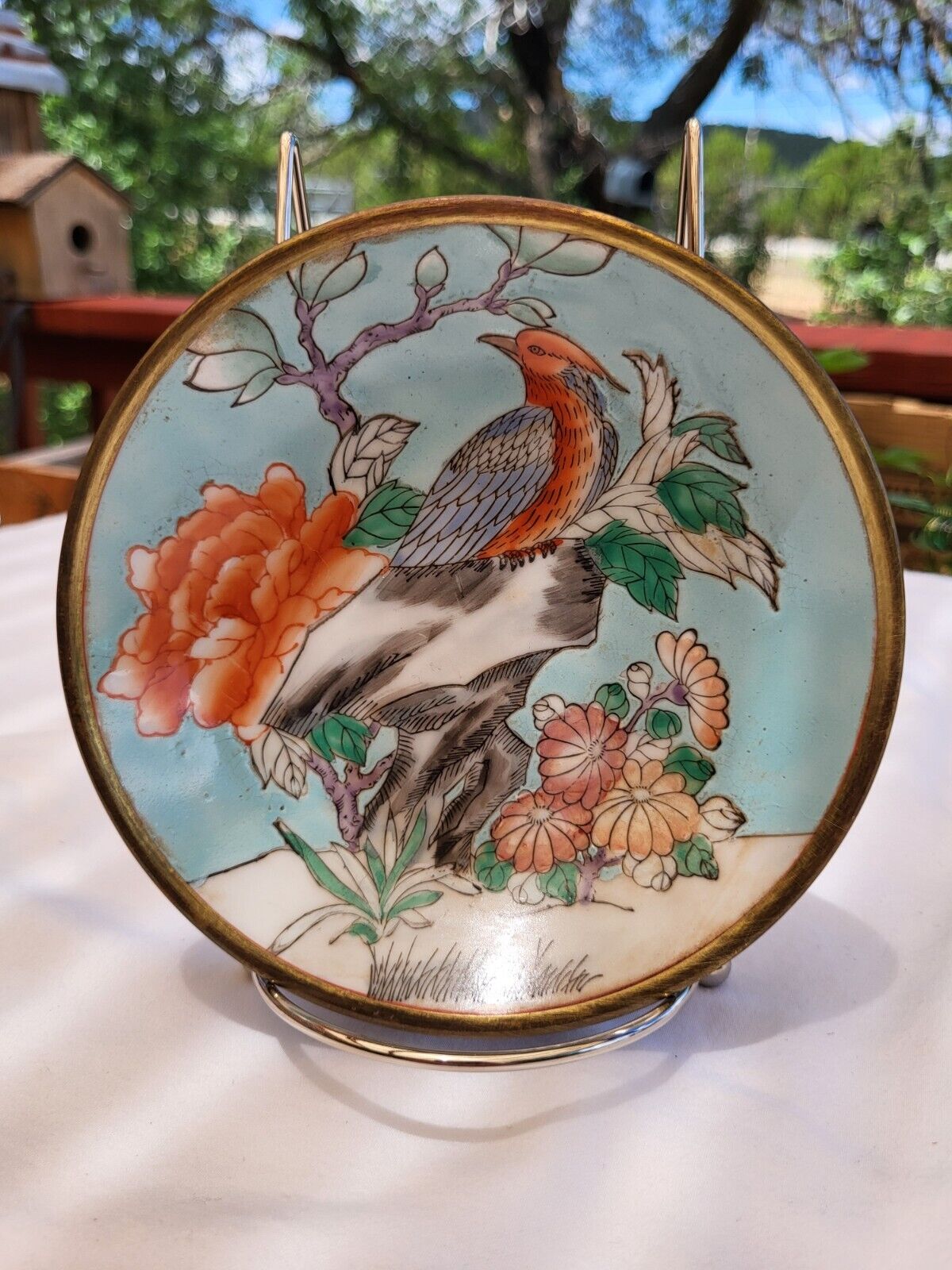 Vintage Decorative Chinese Plate Encased in Brass Floral Bird Chinoiserie 1960\'s