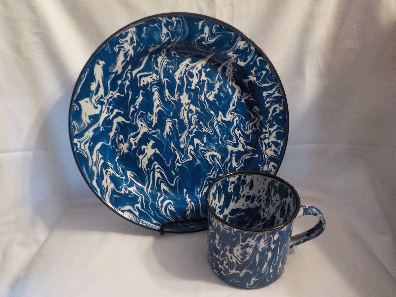 Vintage Blue & White Swirl Enamel Graniteware Plate & Cup Farmhouse Camping