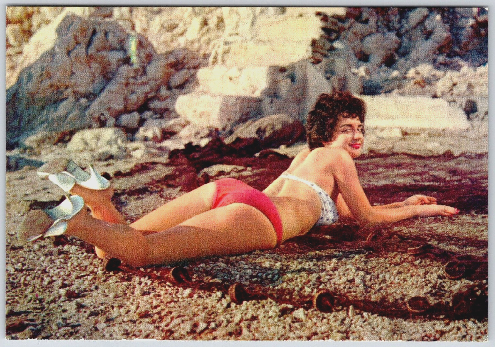 Sexy woman girl Postcard Risque Pinup bikini rocks ocean beach