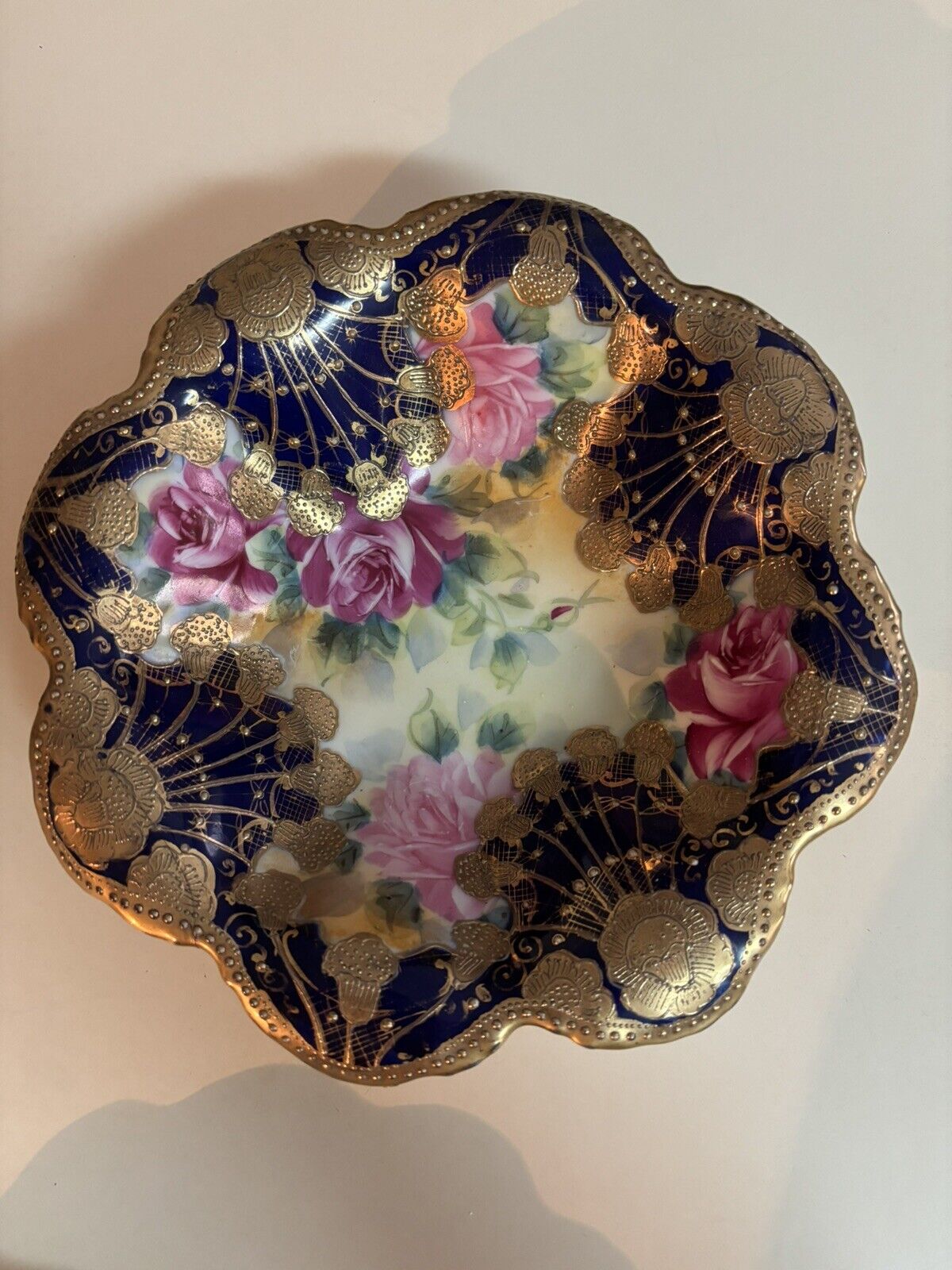 Antique Nippon Porcelain Bowl Japan 1900s Cobalt Blue Vintage Ornate Gilding