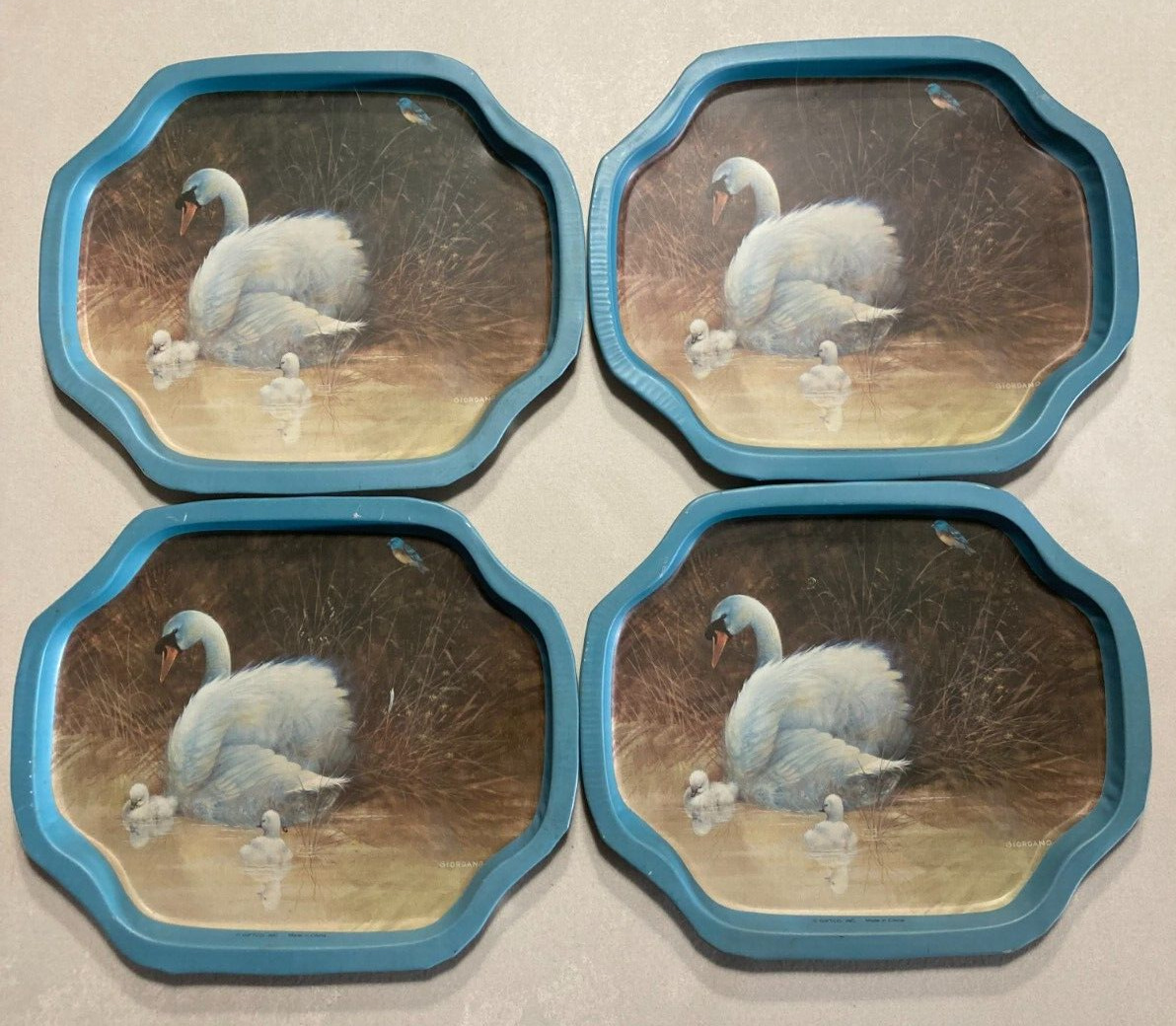 Vintage Tranquility Swan Motif Tin Snack Trays Set 4 1980s