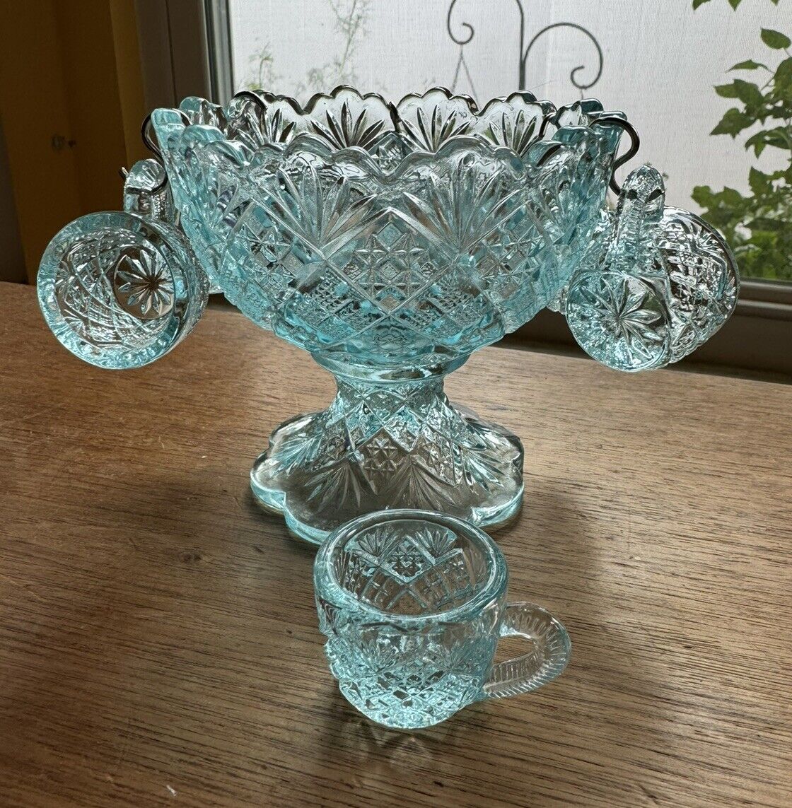 Vintage Westmoreland Glass Co. Turquoise Light Blue 7 Pc Mini Punch Bowl Set