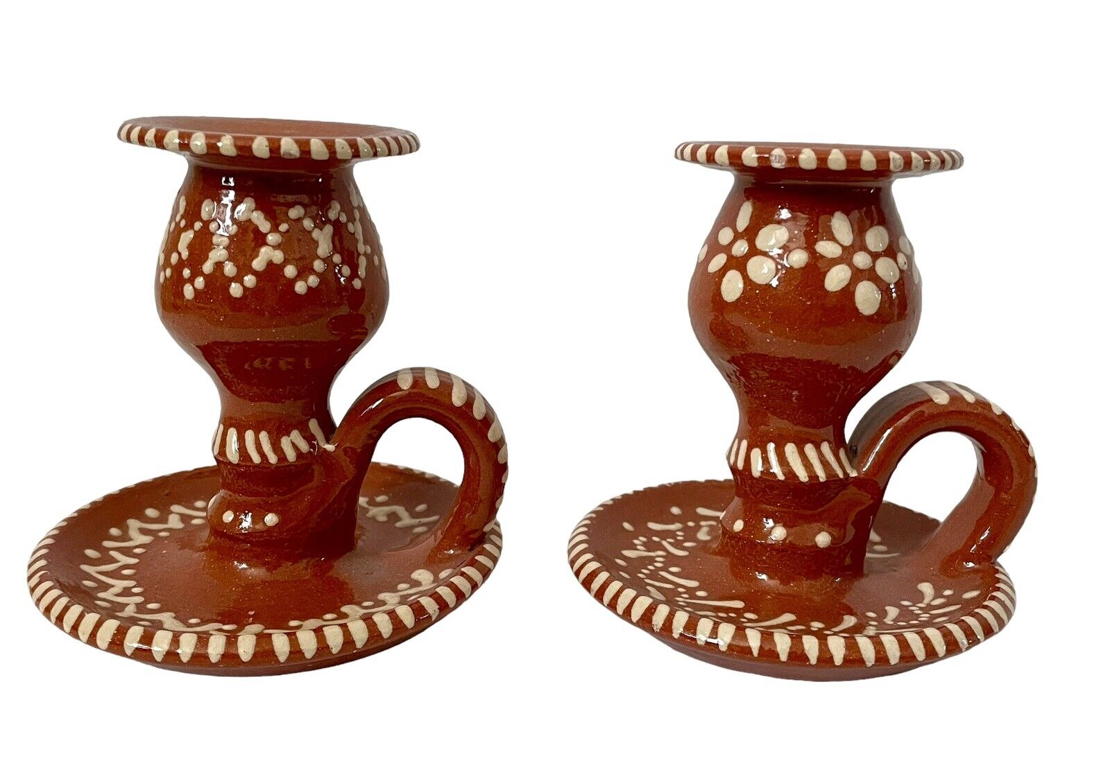 Pair Of Redware Hand-Painted Redware Ceramic Chamber-sticks Candleholders