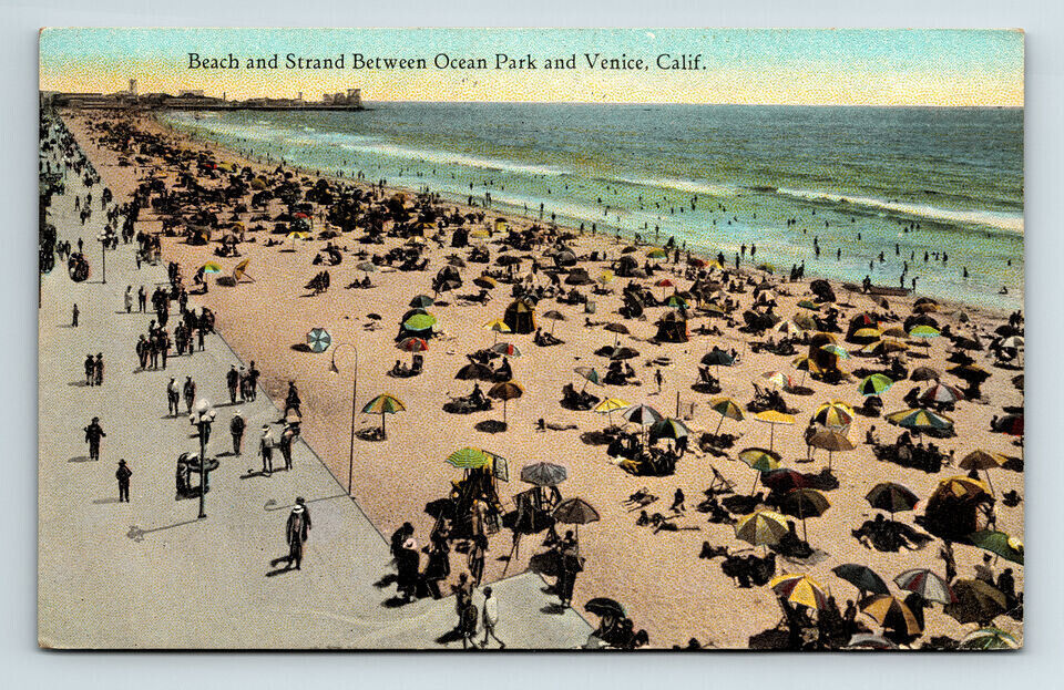 c1928 DB Postcard Ocean Park CA Venice Beach and Strand Umbrellas