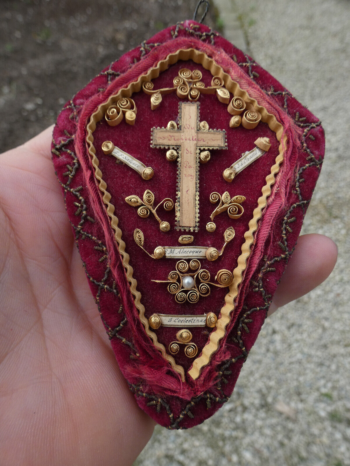 Old French Religious multi 4 relic plaque red velvet Crucifix