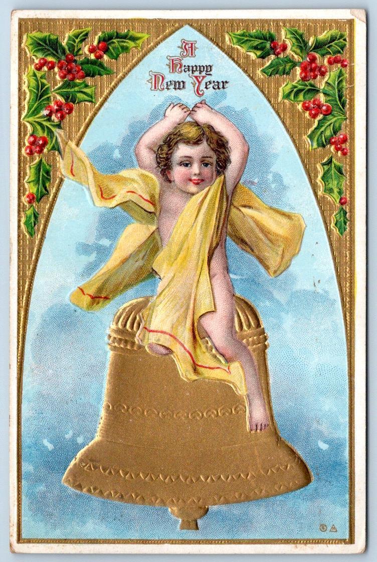 1914 HAPPY NEW YEAR CHERUB ANGEL ON GOLD BELL HOLLY BERRIES EMBOSSED POSTCARD