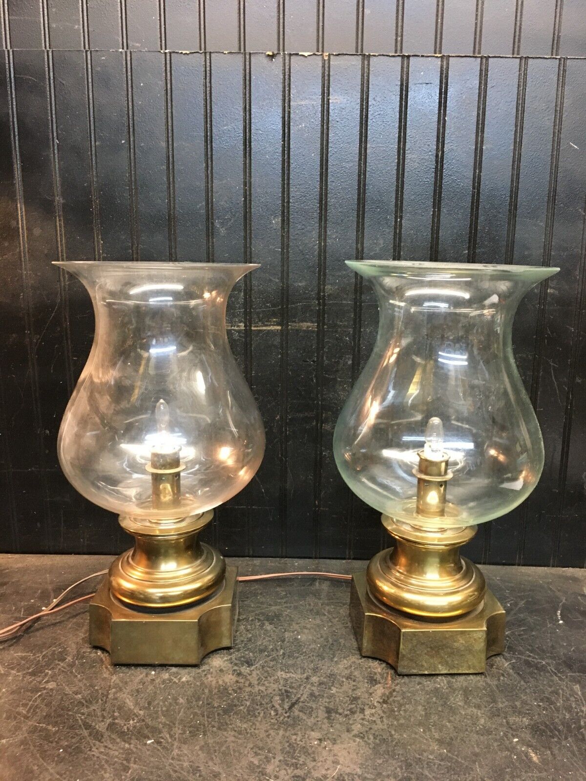 Vintage Large Pair  Brass Electric Lamp With Clear Glass Globe  Nautical Looking