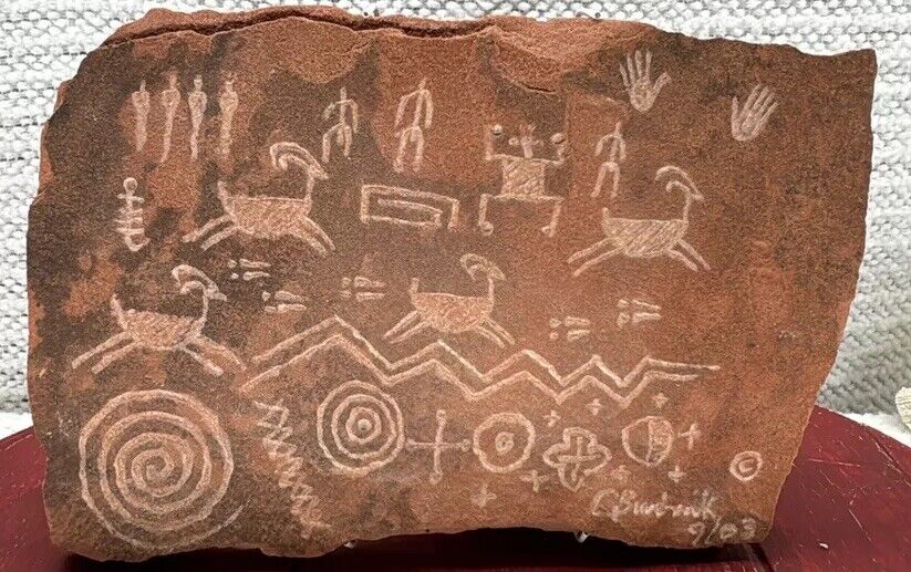 Vintage Native Southwestern Rock Petroglyph Sandstone Art Signed C Burdink