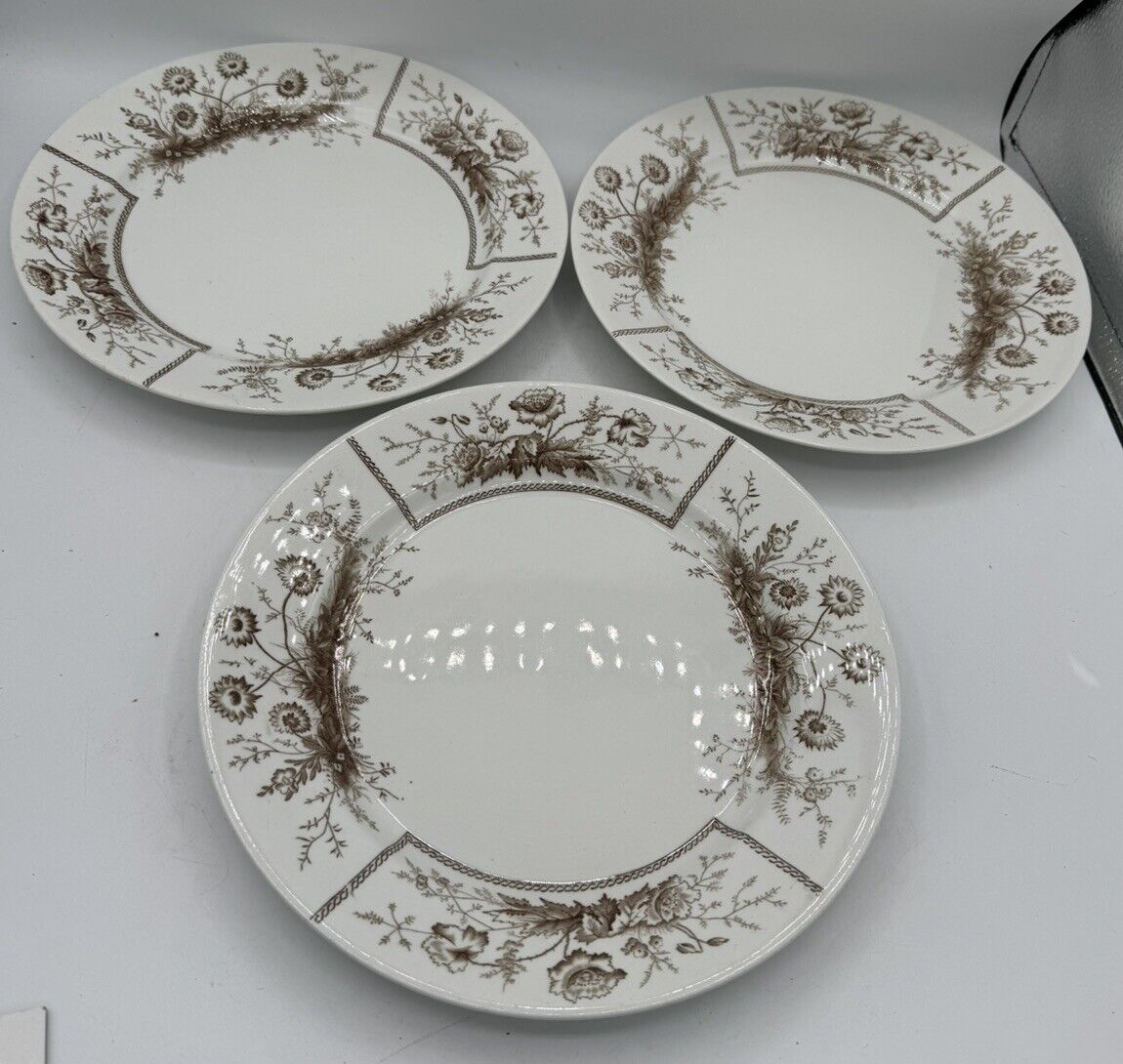 3 Johnson Bros Sylvan Brown & IvoryTransferware Semi Porcelain Dinner Plate 10\