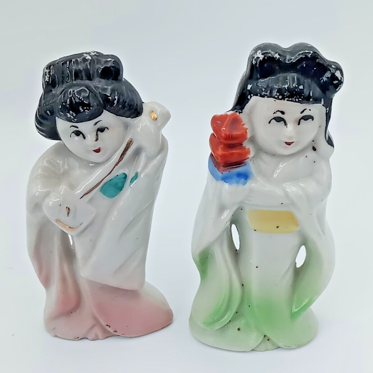 Set of 2 VTG Japan Geisha Girl Kimono Holding Lantern Guitar Porcelain Figurines
