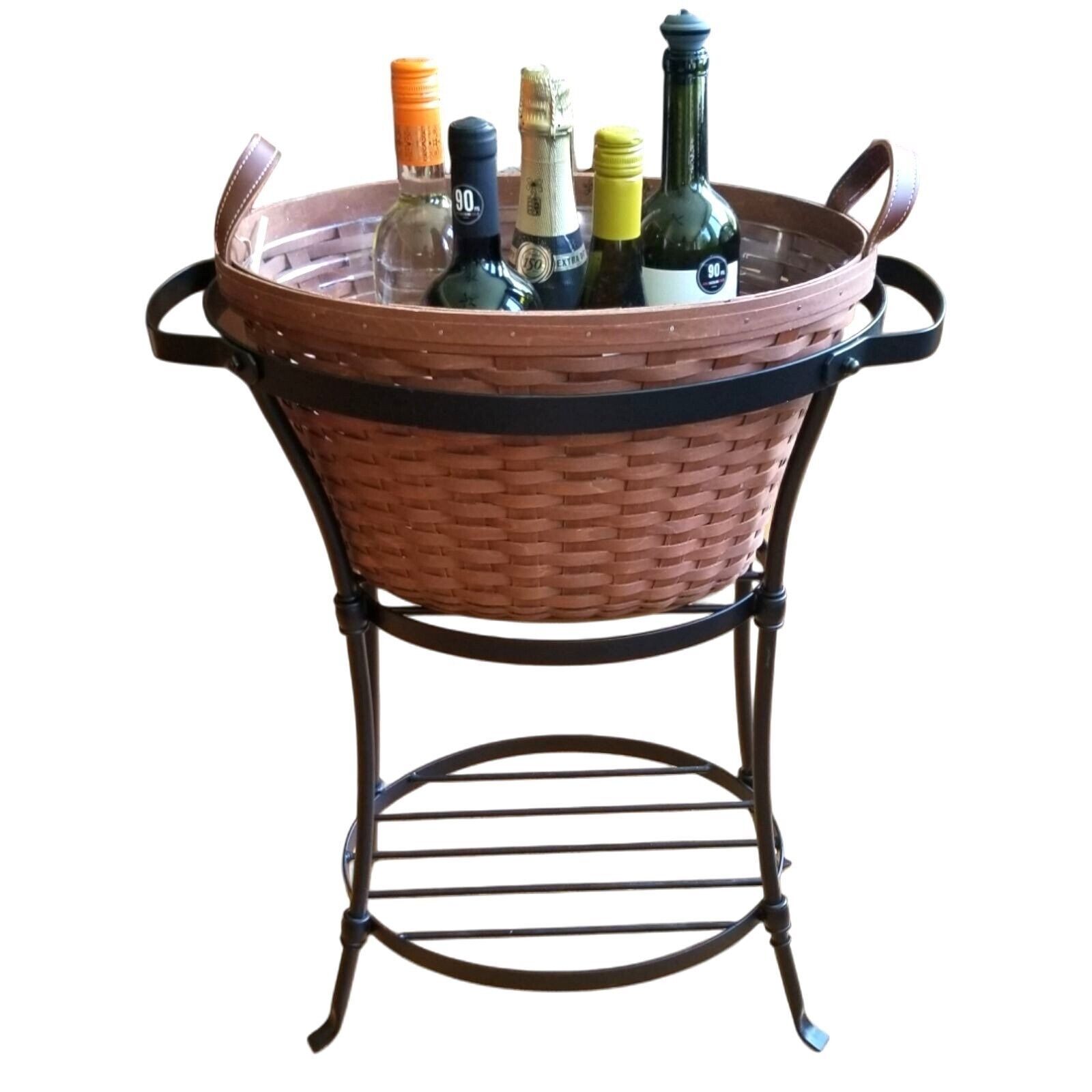 RARE NWT Longaberger XL Beverage Basket Liner Wrought Iron Stand Leather Handles