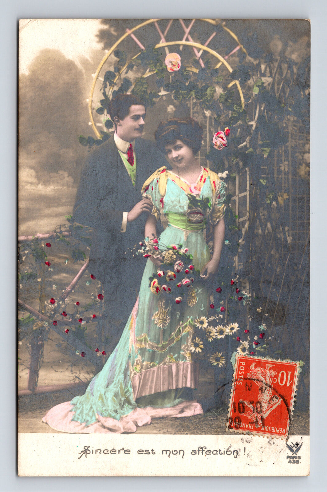 RPPC French Hand Colored Romance Portrait Man Woman Flowers Love Postcard
