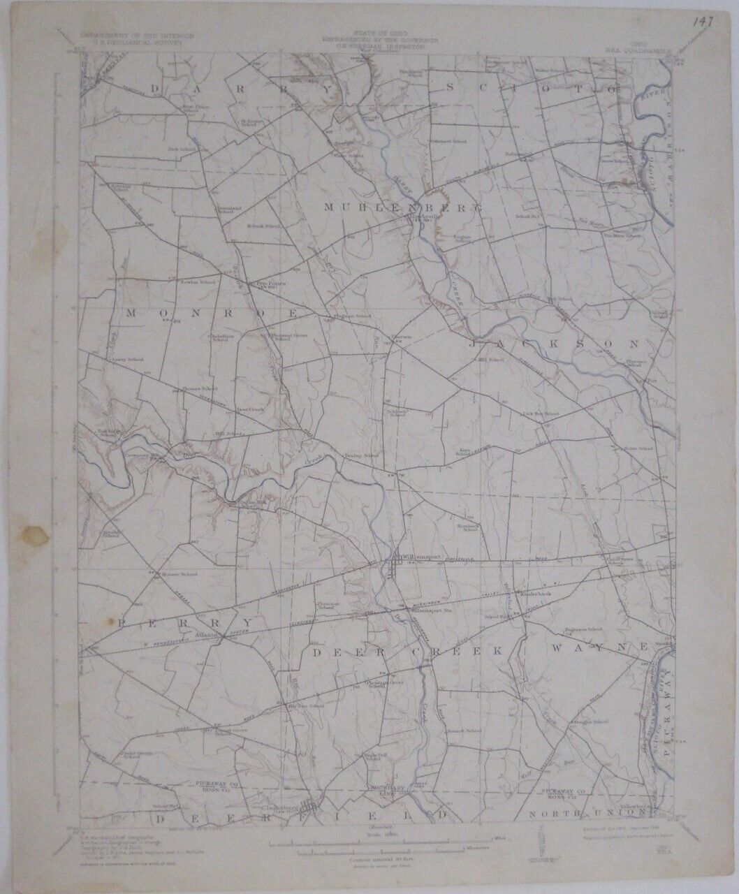 Original 1913 USGS Topo Map ERA Pickaway County Ohio Williamsport Darbyville