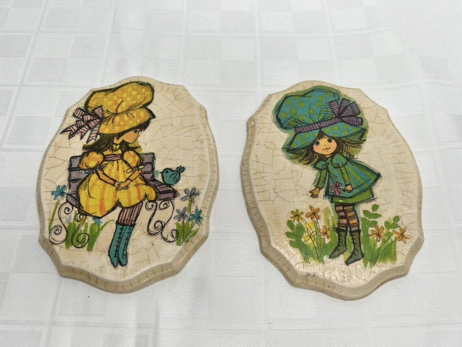1960’s/1970s  VTG Girl With Bench And Flowers Ceramic/Clay Oval Wall Plaques EUC