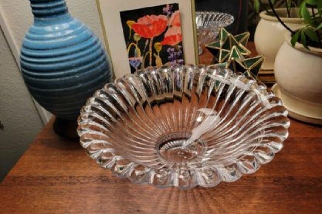 Rogaska Crystal Ribbed Fluted Large Art Deco Bowl Very Heavy , Thick Crystal