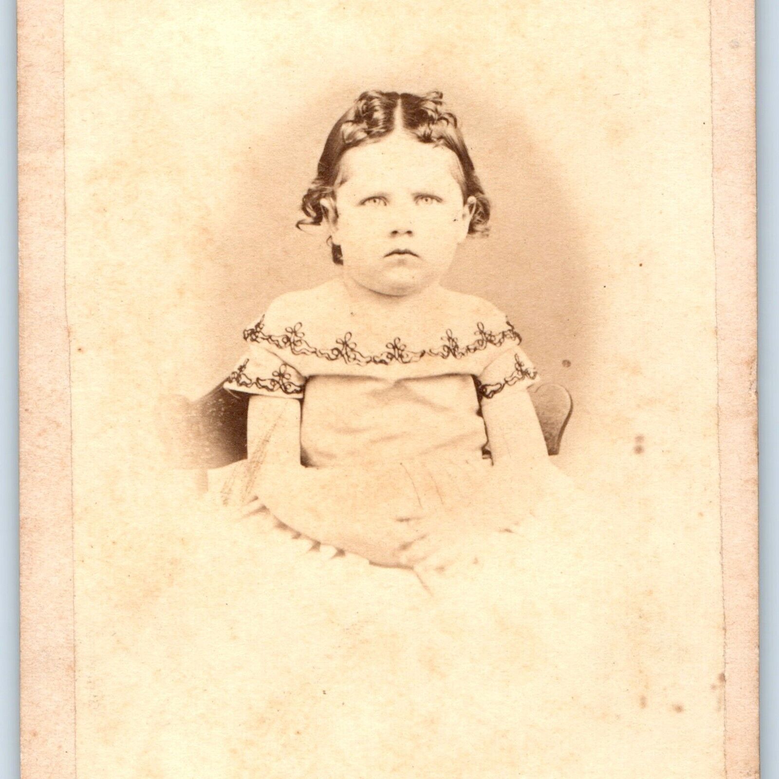 c1860s Cute Little Girl Curls Hair Sharp CdV Photo Card Resting Frown Fat H24