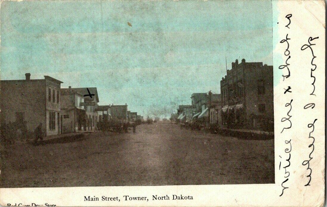 1907. MAIN ST. TOWNER, ND POSTCARD v3