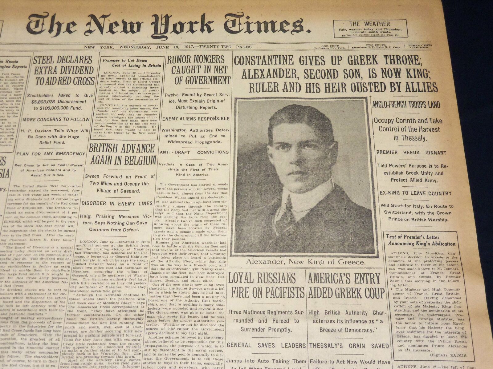1917 JUNE 13 NEW YORK TIMES - CONSTANTINE GIVES UP GREEK THRONE - NT 7794