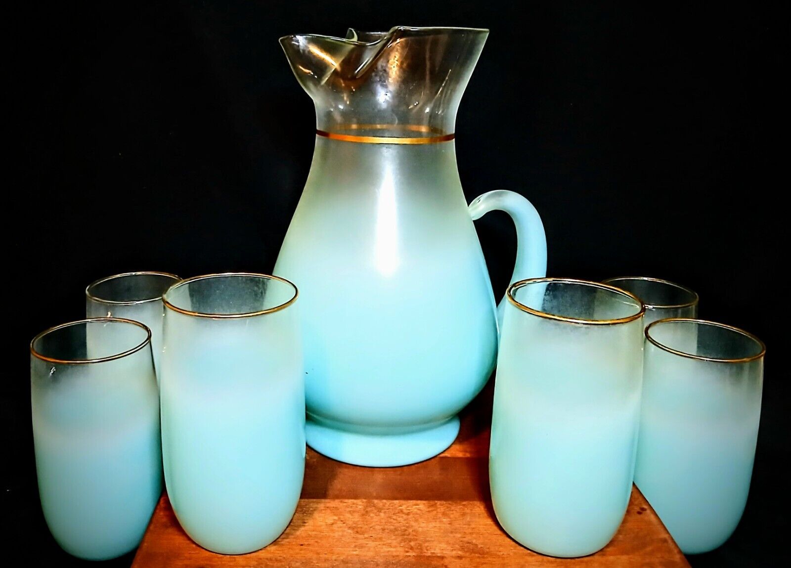VTG West Virginia Glass MCM Blendo Blue Ombre Frosted Glass Pitcher & 6 Glasses