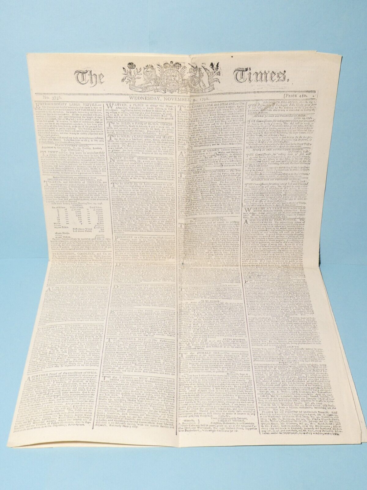 1796 November 9th The Times Newspaper No. 3735 USA WASHINGTON RESIGNATION