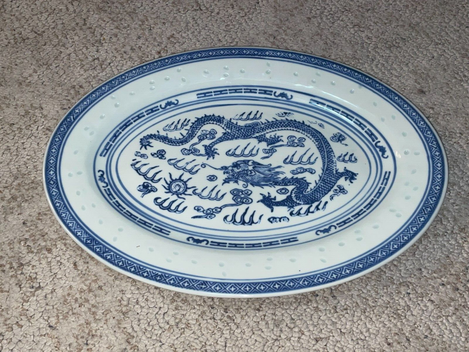 RARE Vintage Jingdezhen Fine China White Porcelain Blue Dragon Dinner Plate 14\