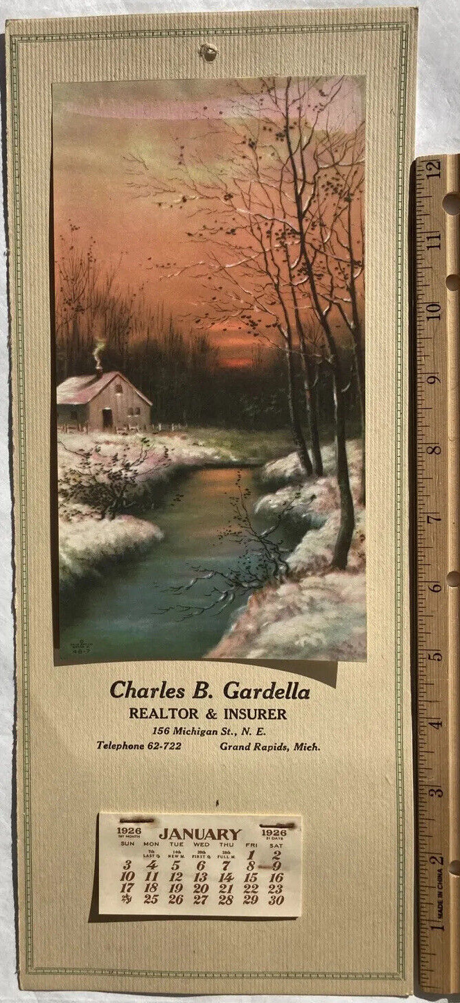 1926 Illustrated Calendar Grand Rapids MI Advertising Winter Scene NEW OLD STOCK