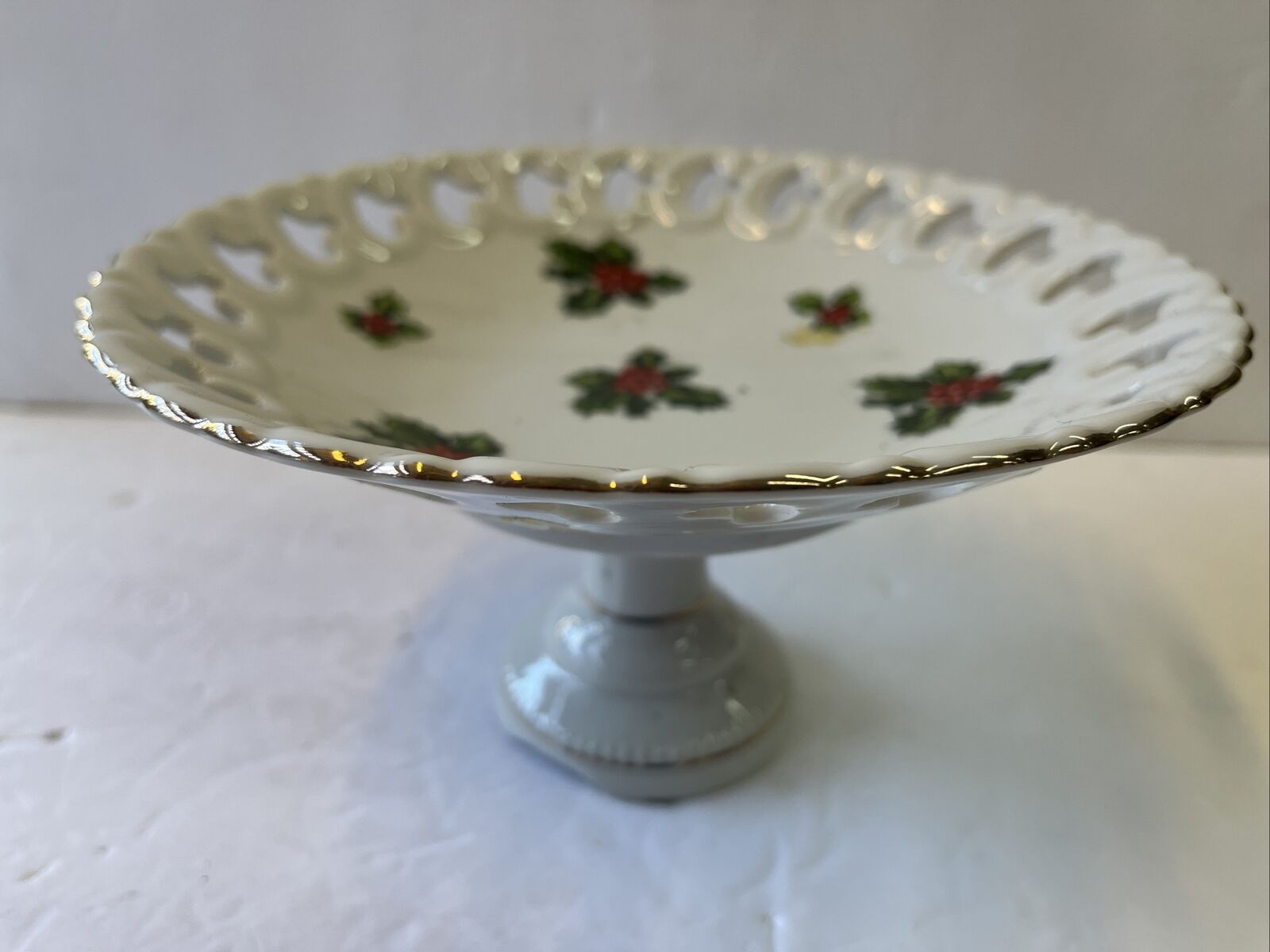vintage christmas lefton cookie candy dish tazza holly berry 
