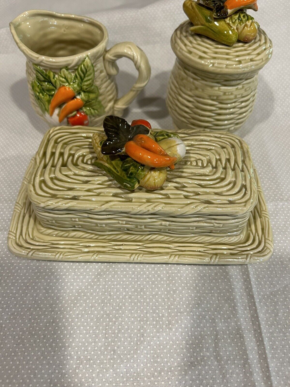 Vintage Lefton China Basket Weave Vegetable Butter Dish Creamer Sugar Set Kitsch
