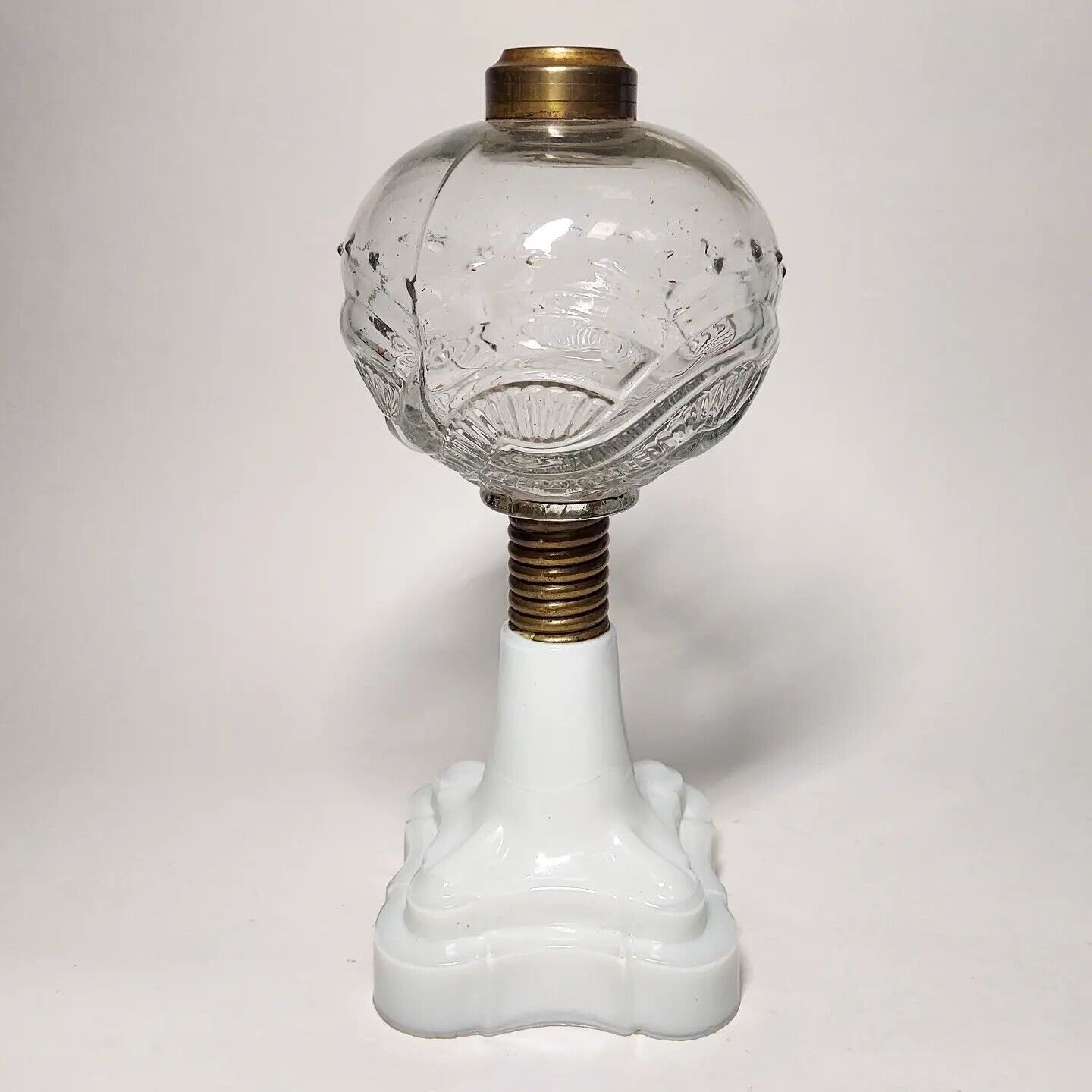 Antique Atterbury Scroll Fan Oil Lamp Milk Glass Base