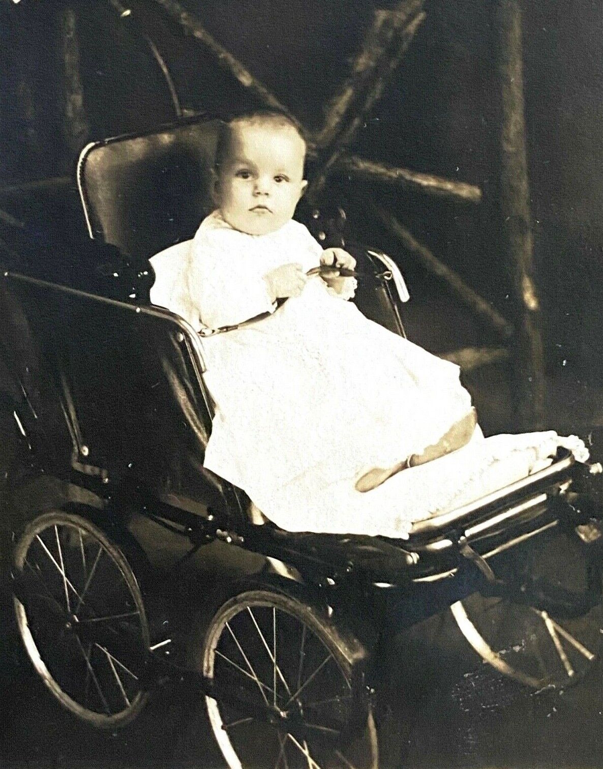 1910 RPPC - BABY IN STROLLER antique real photo postcard INFANT PRAM PHOTOGRAPH