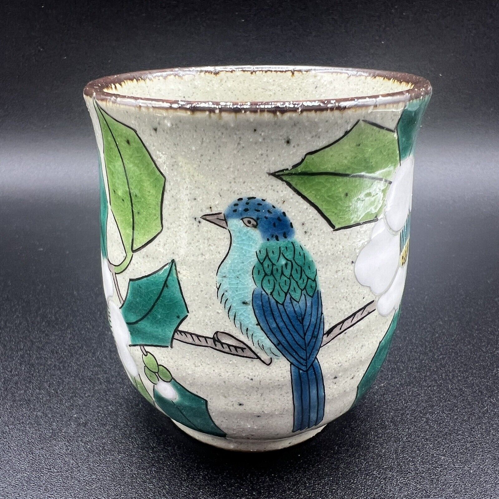 Kutani Yaki Ware Yunomi Pottery Tea Cup Blue Bird Flowers Made in Japan Boxed