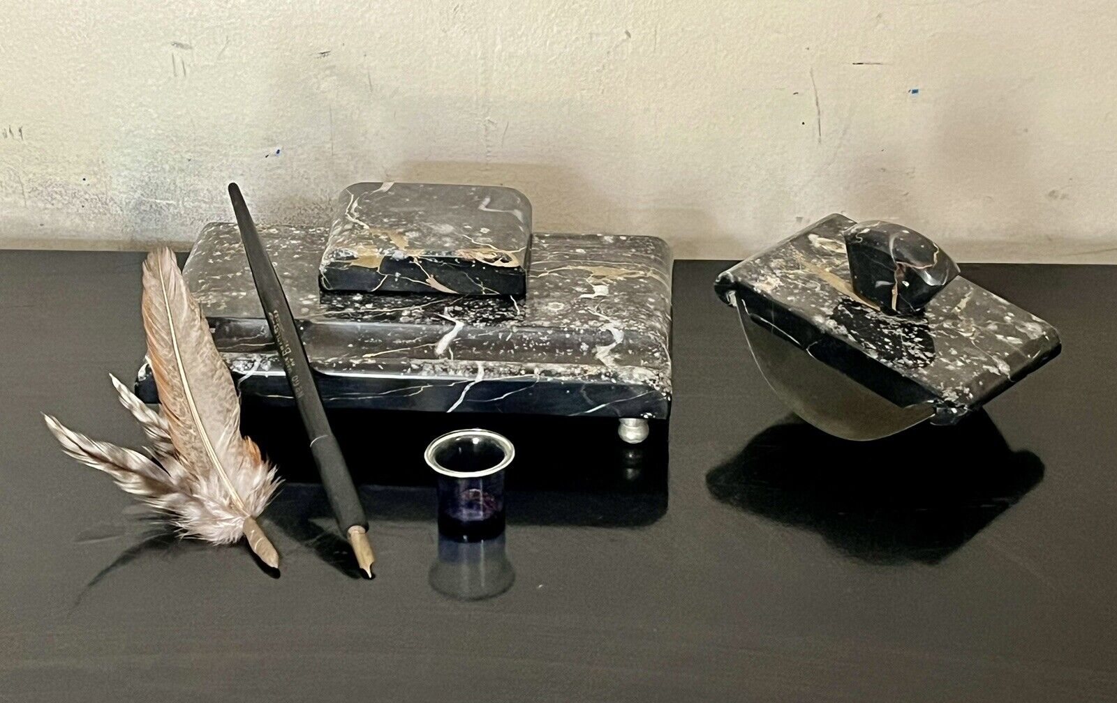 Vintage Art Deco French Inkwell Writting Desk Set Marble w/Pens