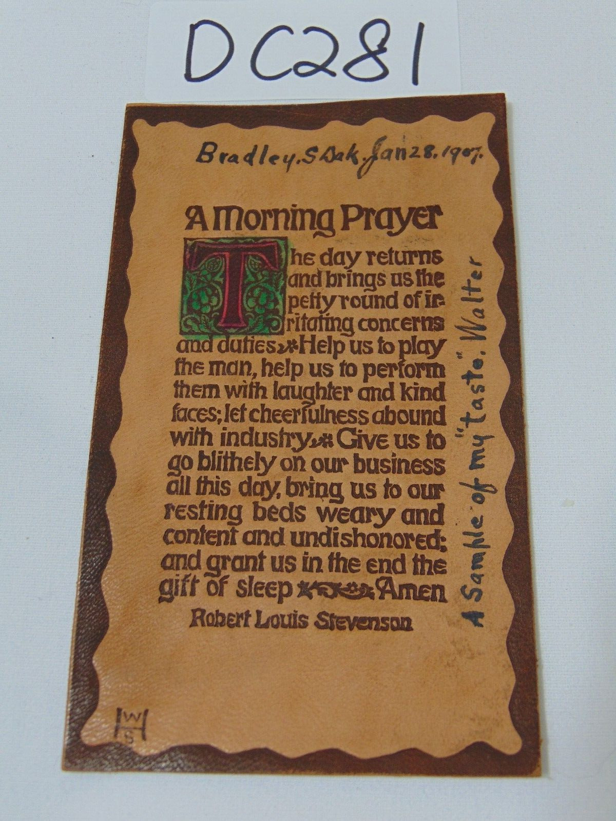 LEATHER POSTCARD C1907 A MORNING PRAYER ARTS AND CRAFTS HAND COLORED STEVENSON