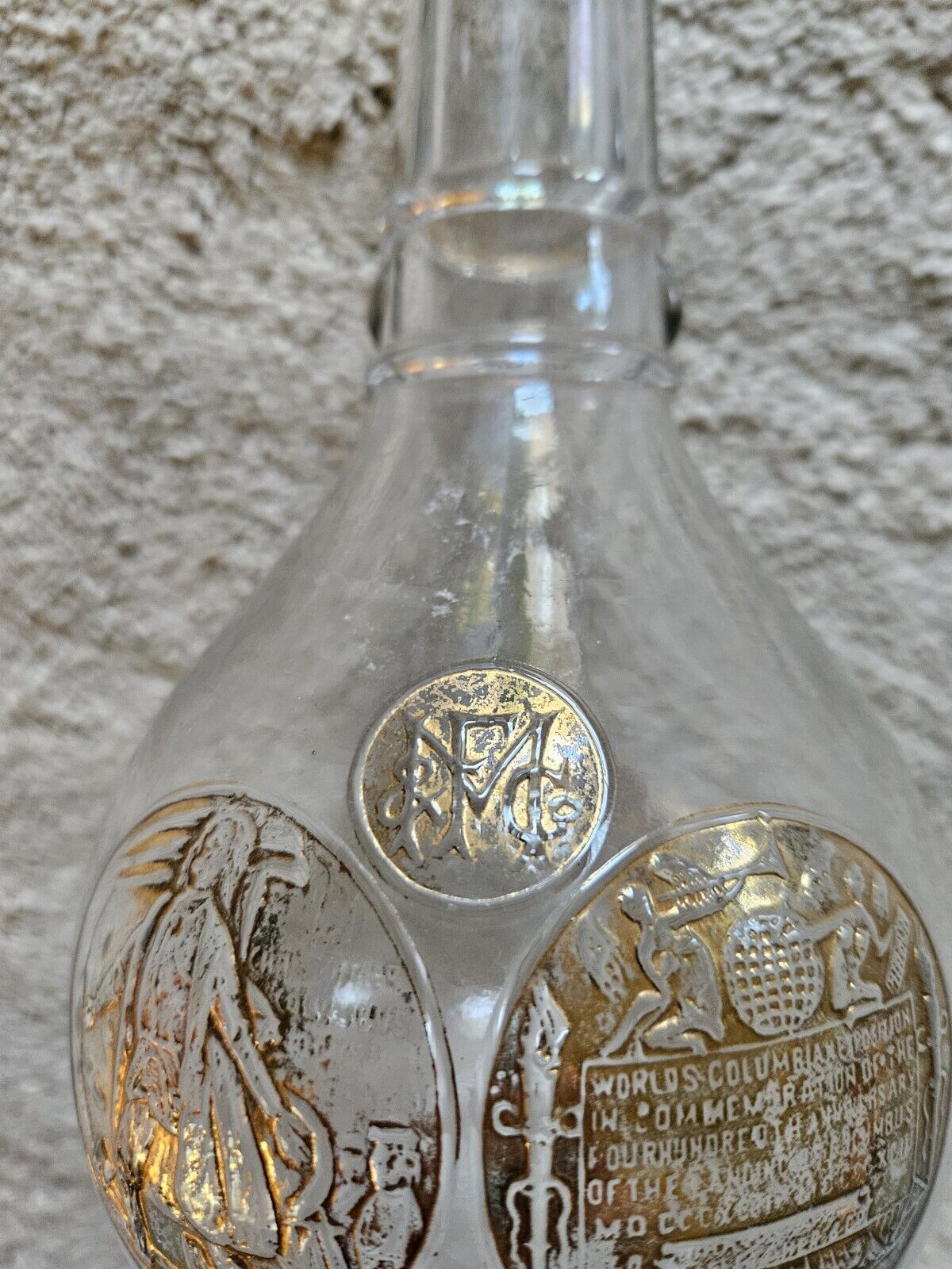 Rare 1893 Chicago Worlds Fair  Glass Liquor Bottle Gold Circles Columbus Thick
