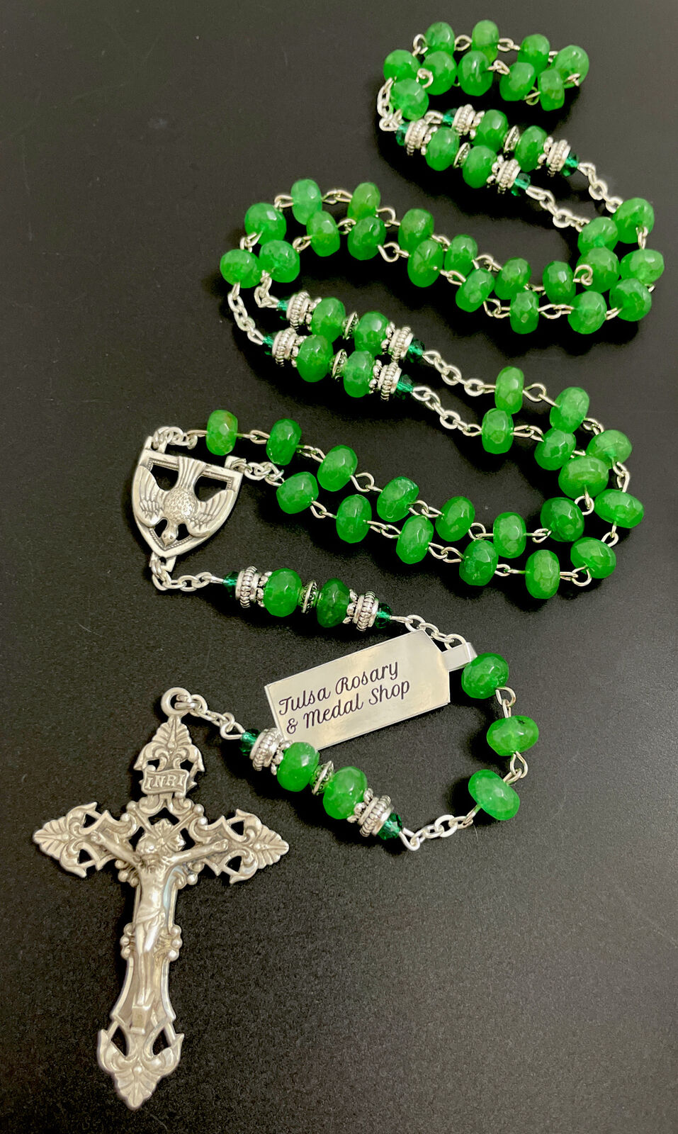 Semi Precious 8mm Jade Jasper Stone Rosary, Sterling Silver Ctr & Crucifix, Tag